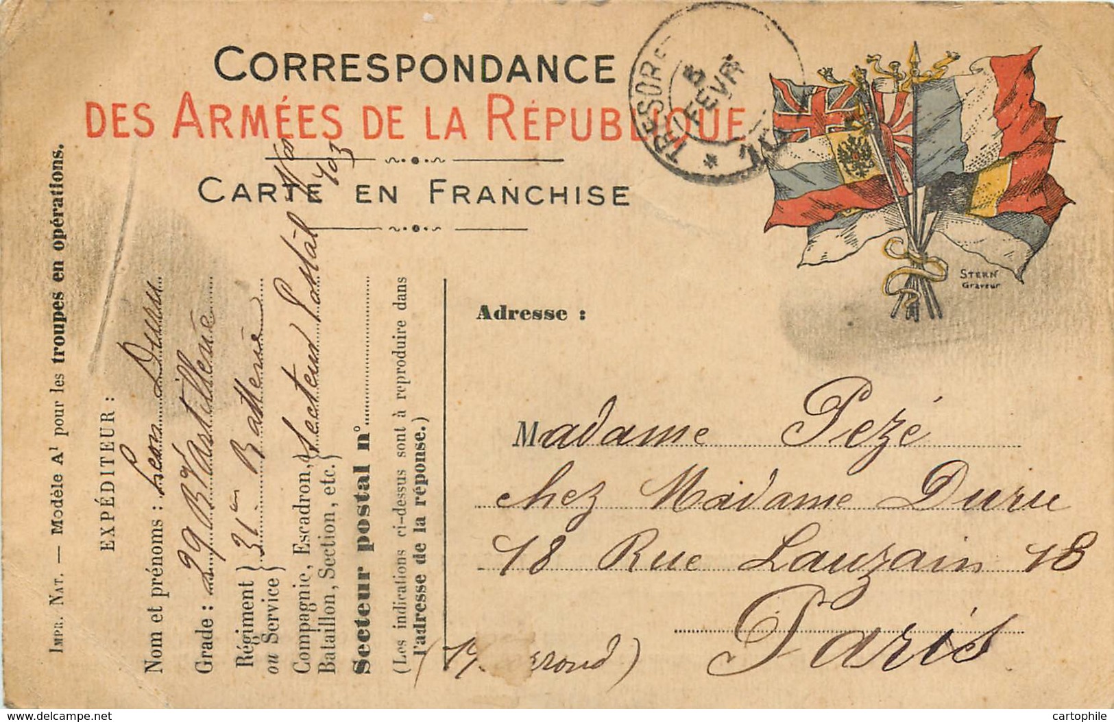 Carte De Franchise Militaire Du Soldat Duru Pour Mme Pezé En 1915 - Lettres & Documents