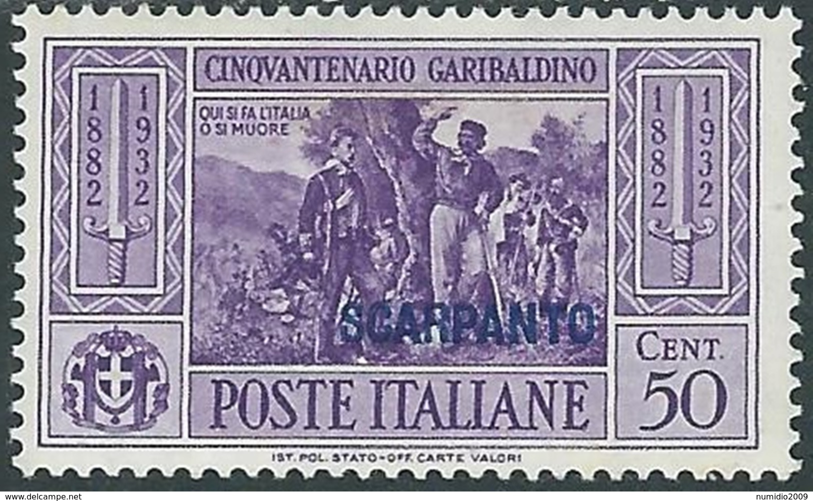 1932 EGEO SCARPANTO GARIBALDI 50 CENT MH * - RB9-9 - Egeo (Scarpanto)