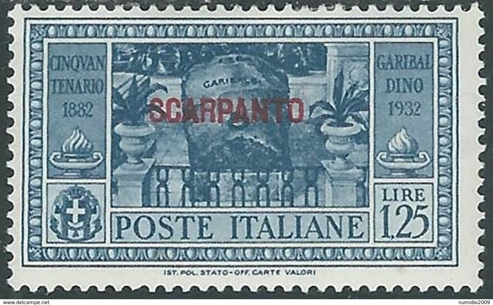 1932 EGEO SCARPANTO GARIBALDI 1,25 LIRE MH * - RB9-9 - Egeo (Scarpanto)
