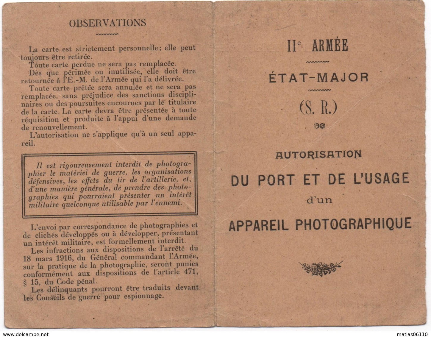 Permis De Photographier- 1916 - Etat Major - II° Armée - (port Et Usage D'un Appareil Photographique) Peu Commun - Non Classés