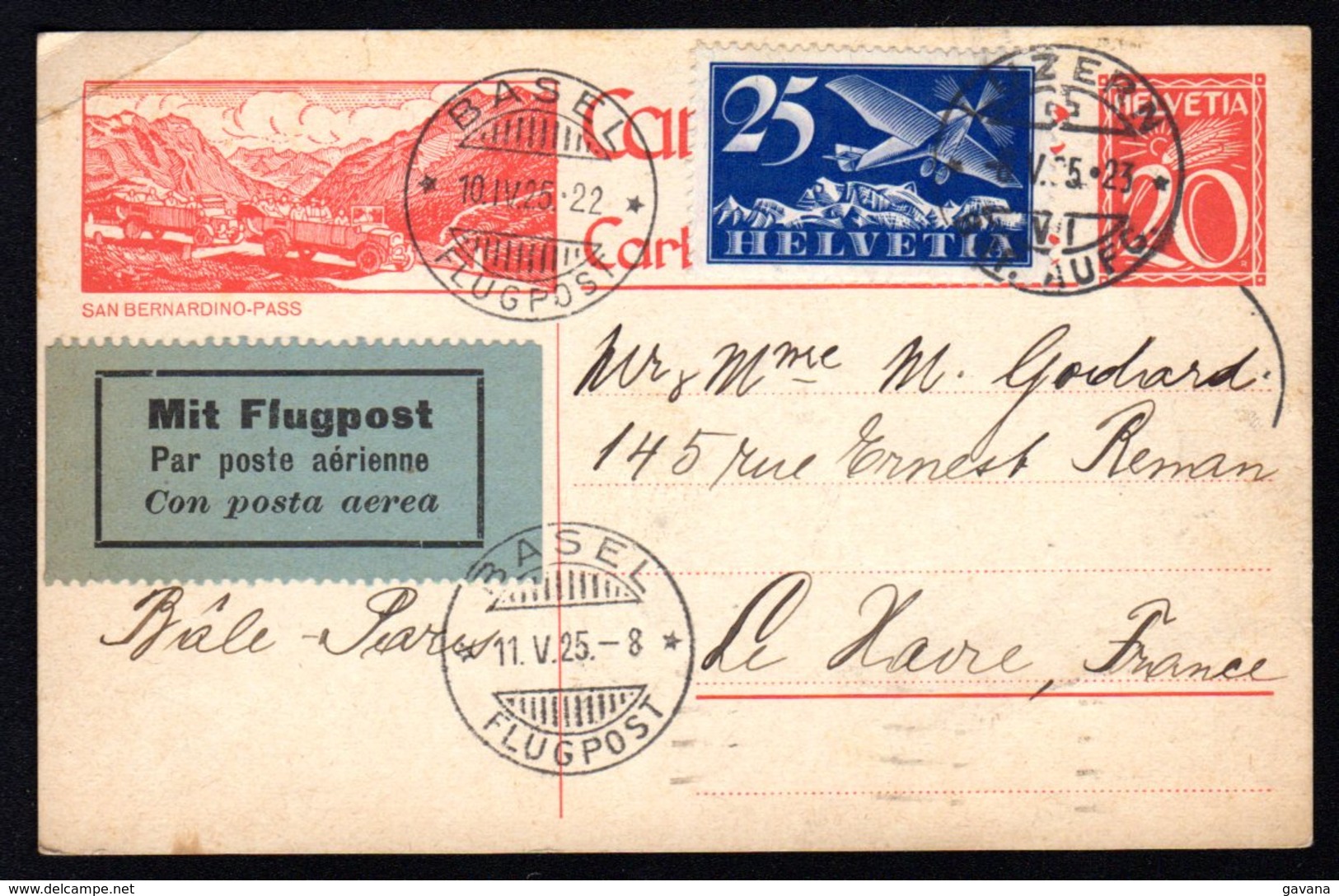 SUISSE - Entier Postal Avec Complément Par Avion Pour La France 1925 - Storia Postale