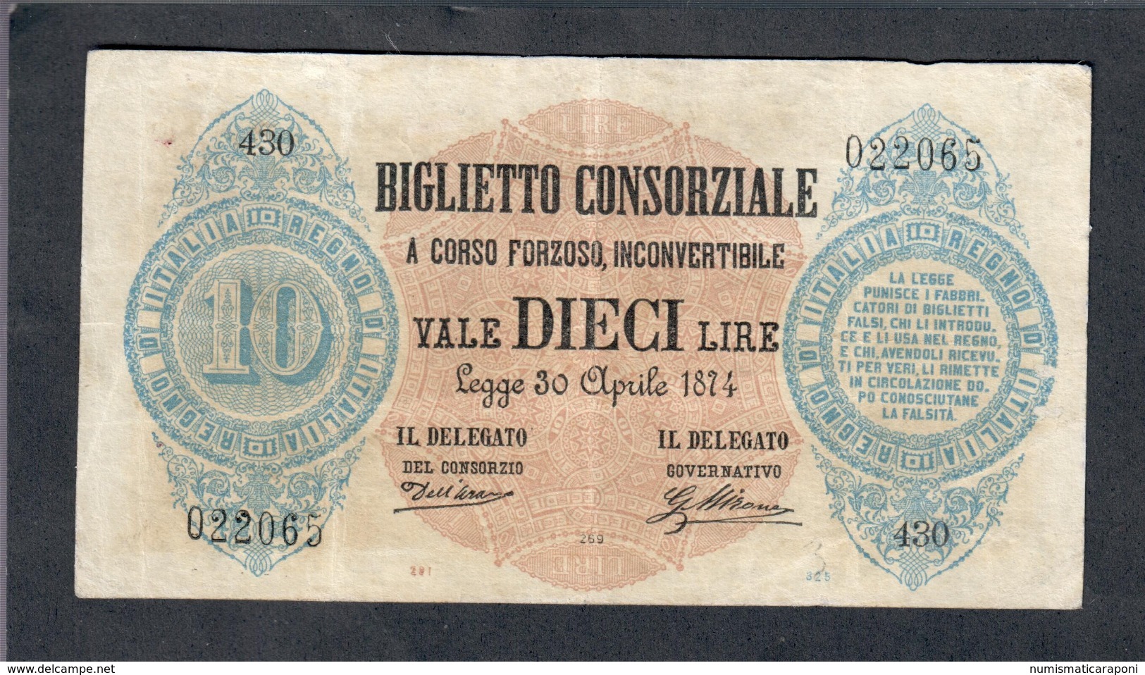 10 Lire Biglietto Consorziale  30 04 1874 Serie 430 Emissione 1881 Ultima Bell'aspetto Mb+ Lotto 2999 - Biglietti Consorziale