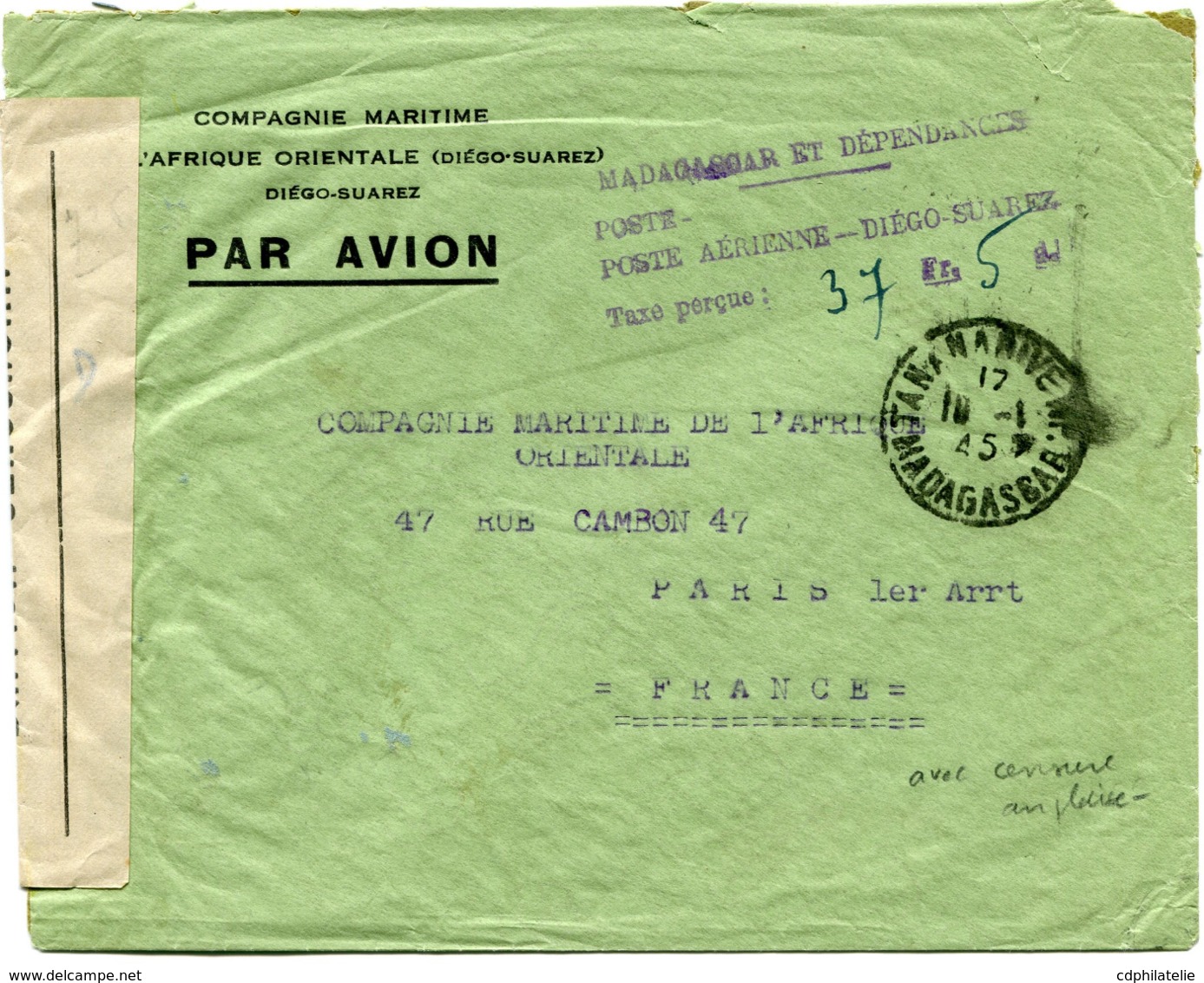 MADAGASCAR LETTRE PAR AVION CENSUREE AVEC CACHET "MADAGASCAR......TAXE PERCUE 37 Fr 5" DEPART TANANARIVE 10-1-45........ - Lettres & Documents