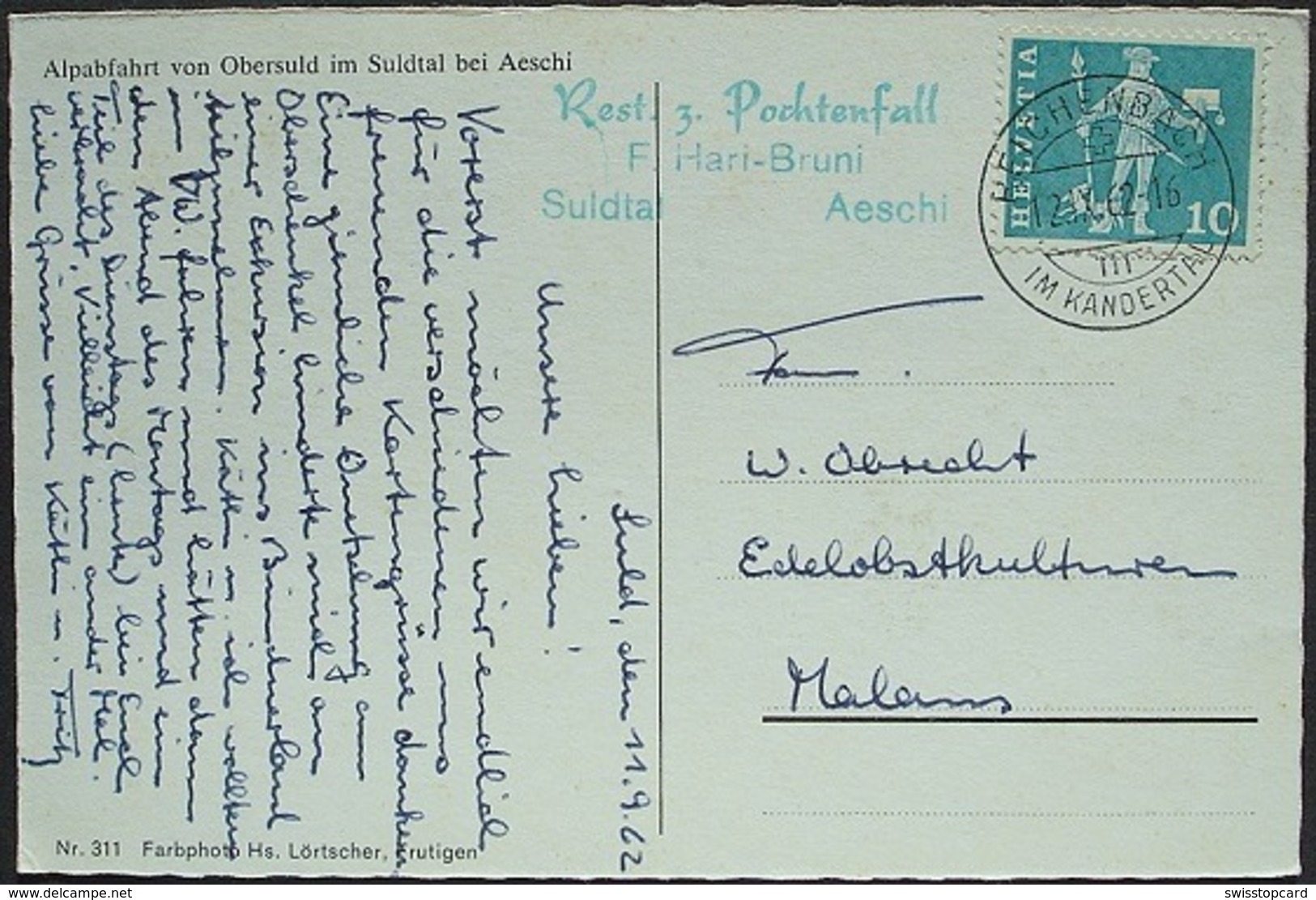 AESCHI Alpabfahrt Von Obersuld Im Suldtal Gel. 1962 V. Reichenbach Stempel Rest. Z. Pochtenfall - Reichenbach Im Kandertal