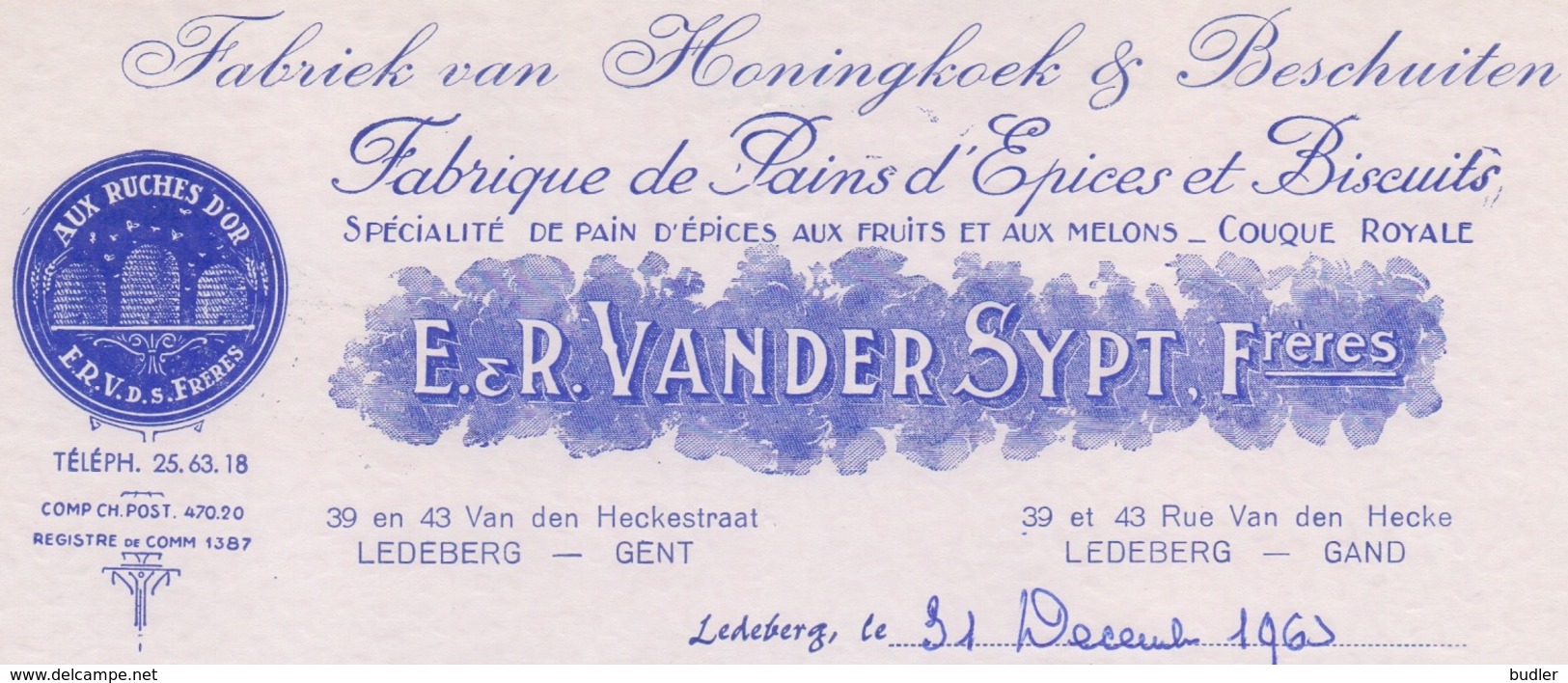 1963:Factuur Van ## E.&R. VANDER SYPT Frères, Van Den Heckestraat, 39 & 43, LEDEBERG ## Aan ##Mad. Vanden Haute, GENT## - Alimentaire