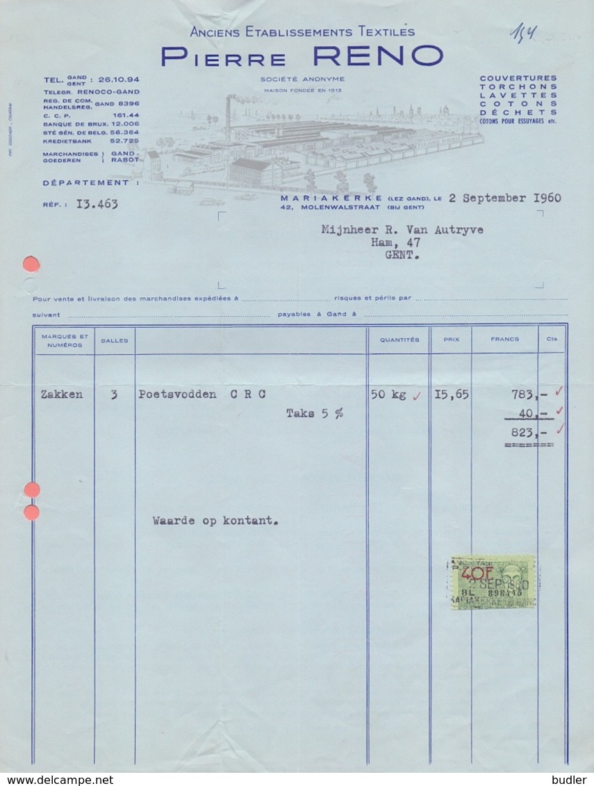 1960: Factuur Van  ## Ancien Etablissements Textiles PIERRE RENO S.A., Molenwalstraat, 42, MARIAKERKE Bij Gent ##  ... - Kleidung & Textil