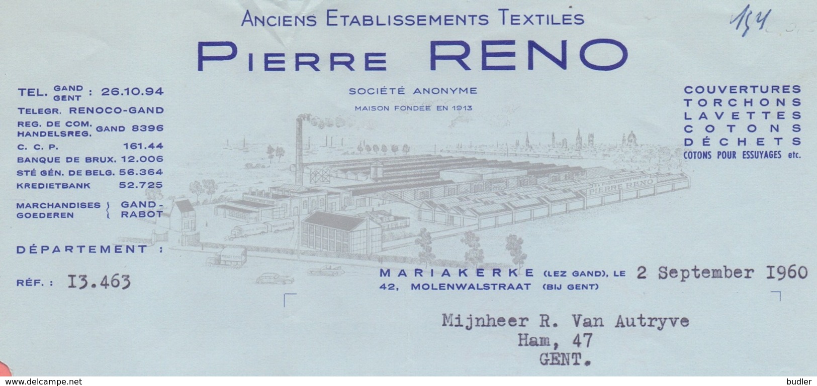 1960: Factuur Van  ## Ancien Etablissements Textiles PIERRE RENO S.A., Molenwalstraat, 42, MARIAKERKE Bij Gent ##  ... - Kleidung & Textil