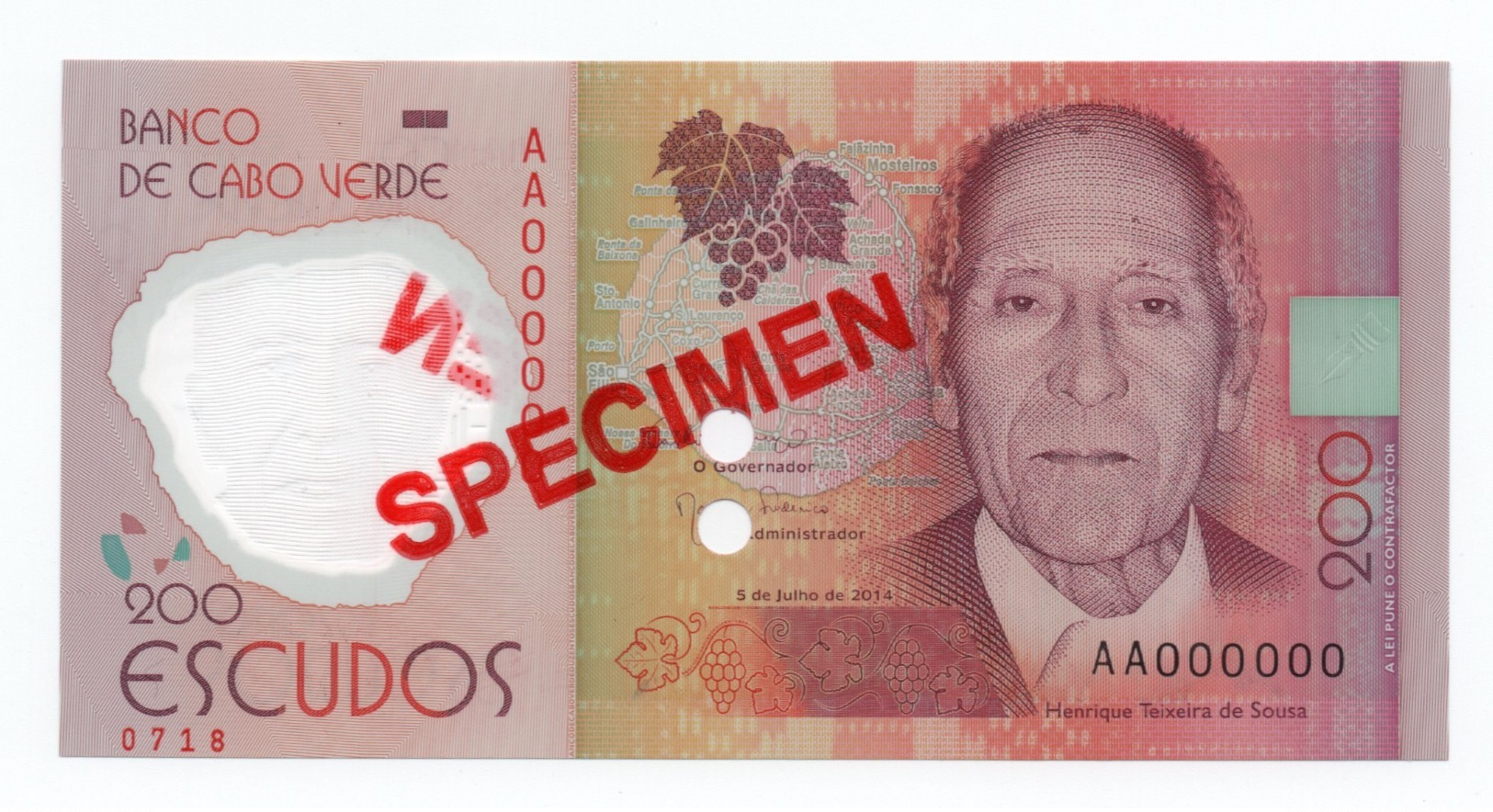 CAPE VERDE»200 ESCUDOS (SPECIMEN)»POLYMER»2014»P-71 (WORLD PAPER MONEY)»UNC - Ficción & Especímenes