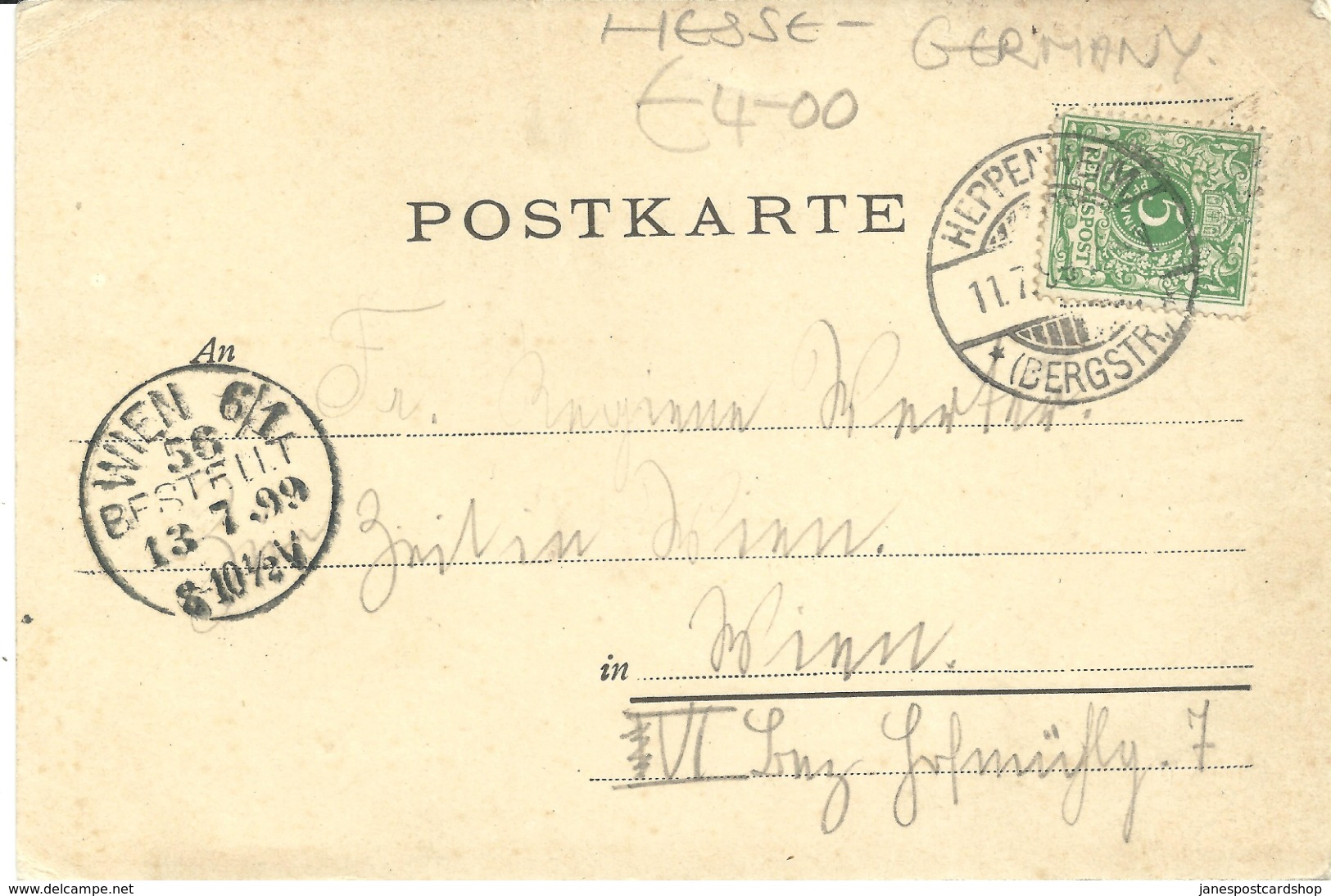 ARTIST DRAWN GRUSS AUS HEPPENTHEIM POSTCARD WITH GOOD POSTMARKS 1899 - Heppenheim