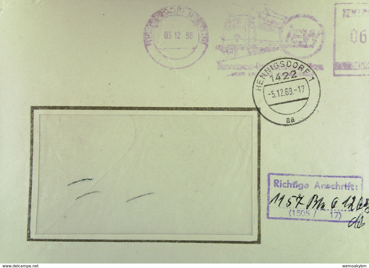 DDR-Dienst: ZKD-AFS-Doppel-Brief Aus Henningsdorf Vom 5.12.68 ZKD =060= Mit Zusätzl. Gummistpl: "Richtige Anschrift..." - Central Mail Service