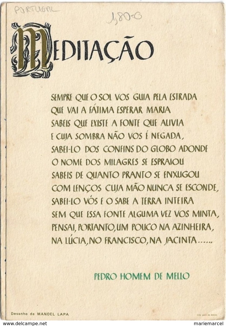 PORTUGAL - Carte Religieuse Double - NOSSA  SENHORA  DE FATIMA - Illustration - DESENHO DE MANOEL LAPA - Autres & Non Classés