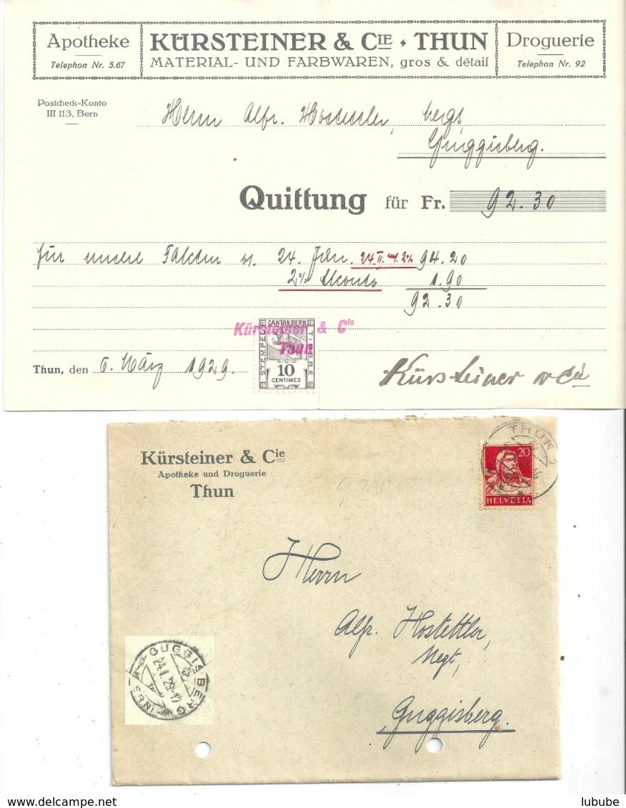 Motiv Brief  "Kürsteiner Apotheke Drogerie Thun"  (mit Inhalt)        1929 - Storia Postale