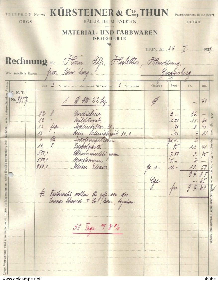 Motiv Brief  "Kürsteiner Apotheke Drogerie Thun"  (mit Inhalt)        1929 - Storia Postale