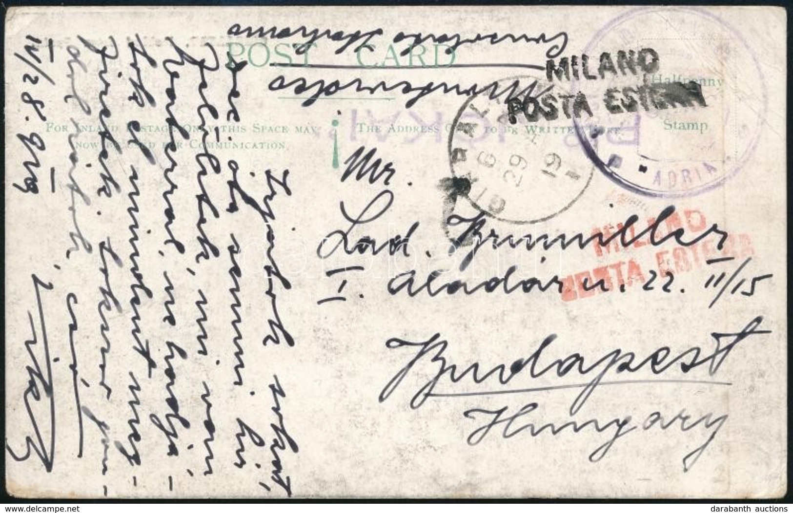 1919 Képeslap Gibraltárról Olasz és Magyar Hajópostával, Milánói átmenő Bélyegzéssel Budapestre - Other & Unclassified