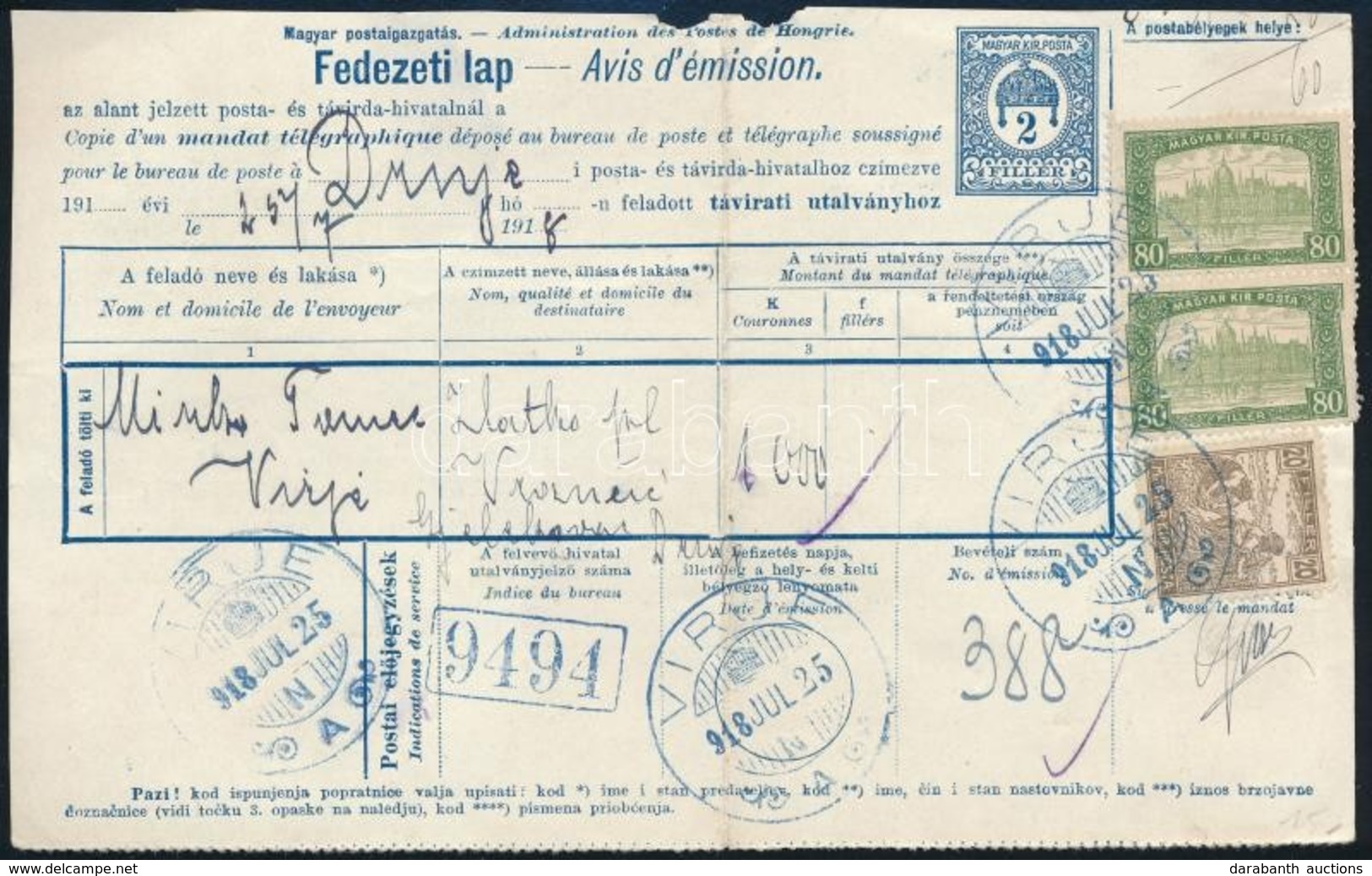 1918 Fedezeti Lap 1,80K Bérmentesítéssel 'VIRJE' - Drnje - Other & Unclassified