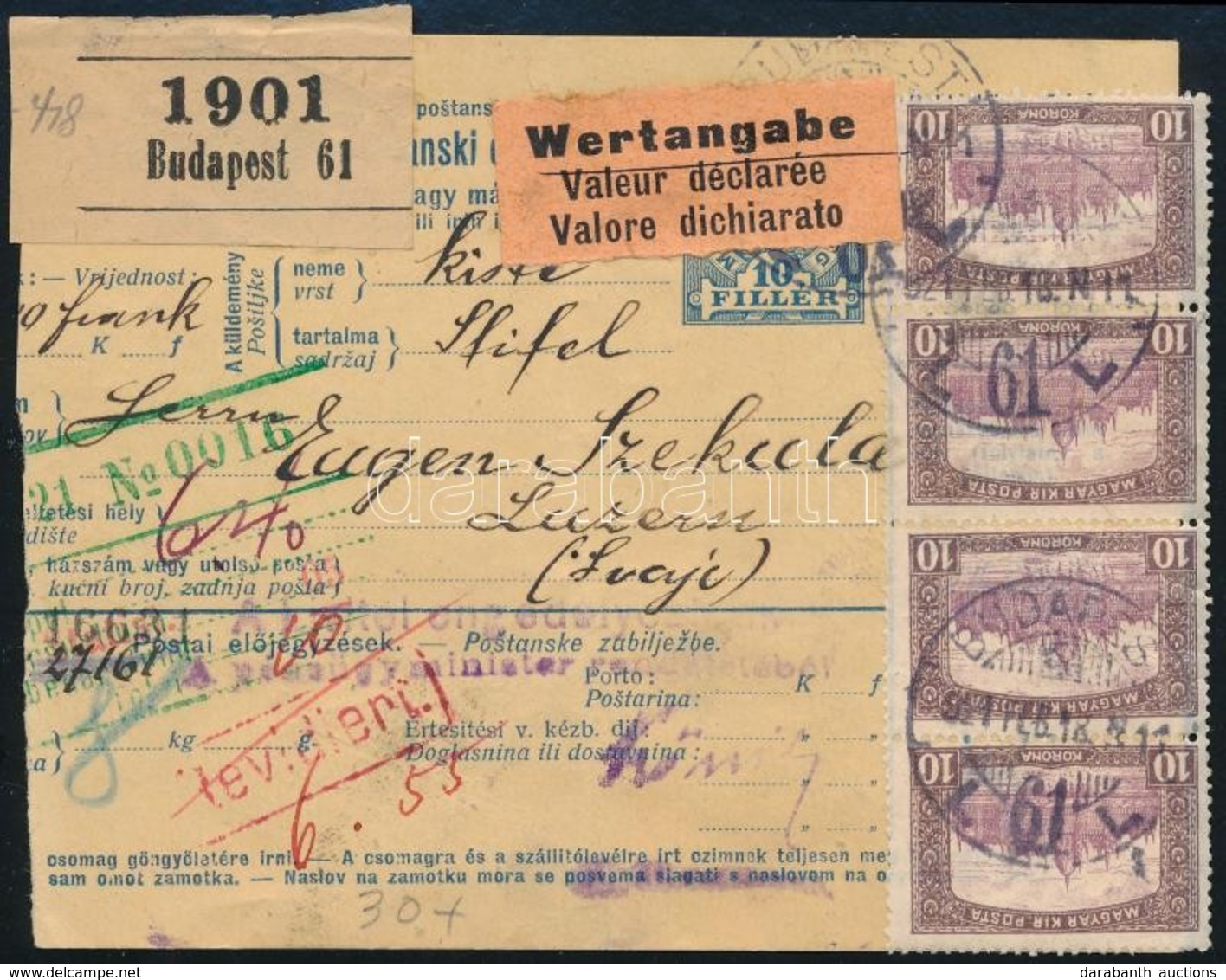 1921 Érték Nyilvánított Csomagszállító Parlament 50f + 2K + 8 X 10K Bérmentesítéssel 'BUDAPEST' - Luzern R! - Otros & Sin Clasificación