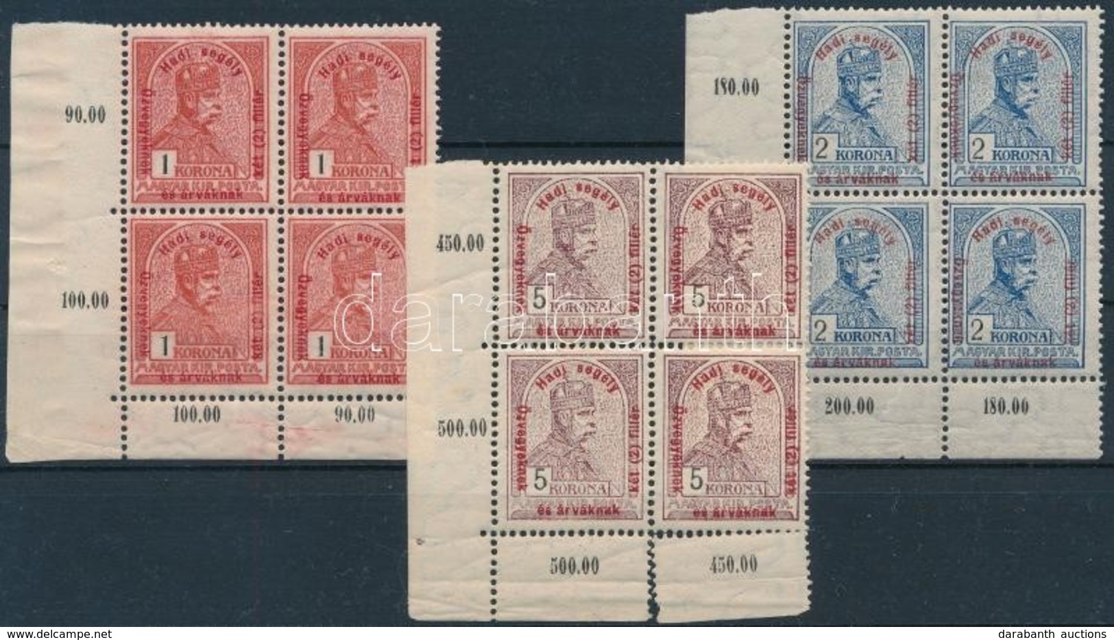 ** 1915 Hadi Segély II. 1K, 2K, 5K ívsarki Négyes Tömbökben (35.200) (fogelválások, Ráncok / Aparted Perforations, Creas - Otros & Sin Clasificación