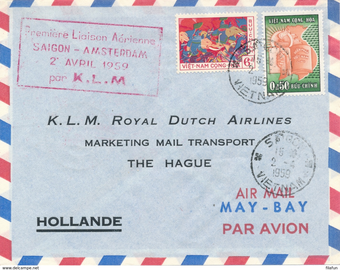 Nederland / Vietnam - 1959 - First Flight SAIGON - AMSTERDAM Par KLM - Luftpost