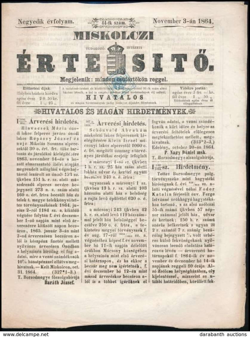 1864 Miskolci Értesítő Hírlapilletékbélyeggel - Other & Unclassified