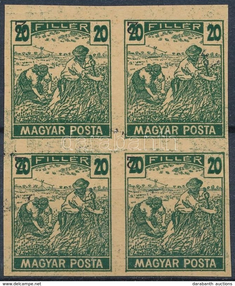 (*) 1919 Magyar Posta Arató 20f Sötétzöld Vágott Próbanyomat Elcsúszott értékszámmal Négyestömbben, Vastagabb, Enyvezetl - Otros & Sin Clasificación