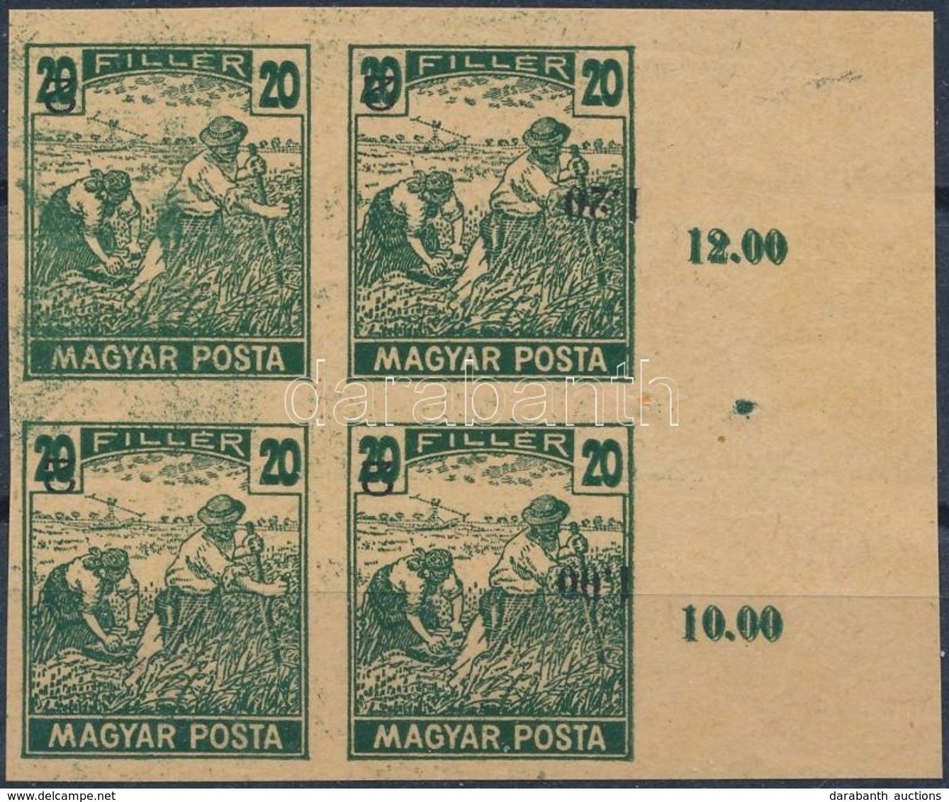 (*) 1919 Magyar Posta Arató 20f Sötétzöld Vágott Próbanyomat Elcsúszott értékszámmal Négyestömbben Jobb ívszéllel, Vasta - Otros & Sin Clasificación