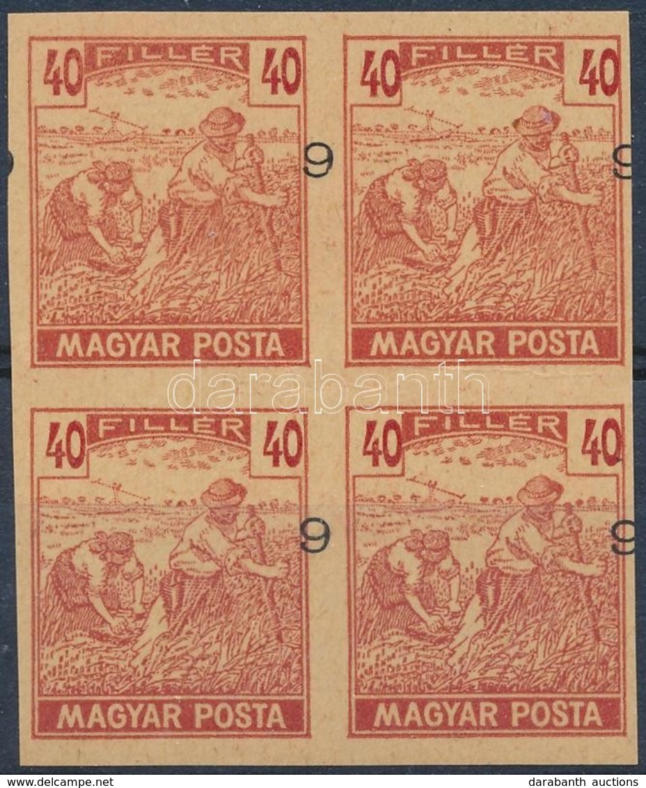 (*) 1919 Magyar Posta Arató 40f Kármin Vágott Próbanyomat Elcsúszott értékszámmal Négyestömbben, Vastagabb, Enyvezetlen, - Otros & Sin Clasificación