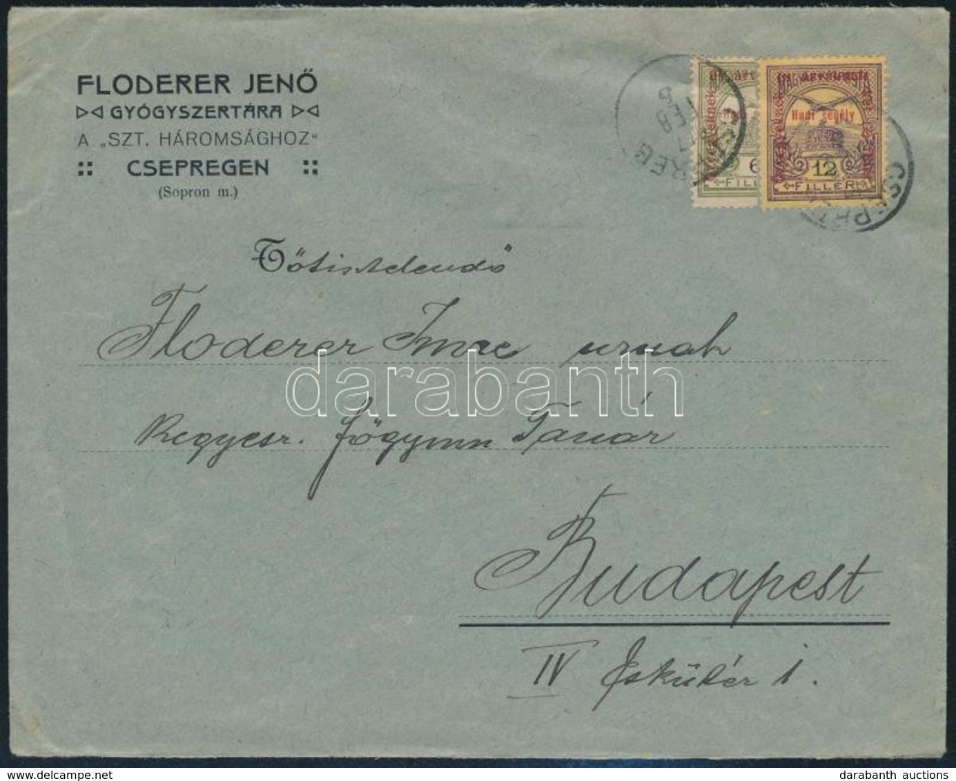 1917 Hadisegély 12f és Felezett 6f Levélen / Mi 168 + Bisected 166 On Cover 'CSEPREG' - Otros & Sin Clasificación