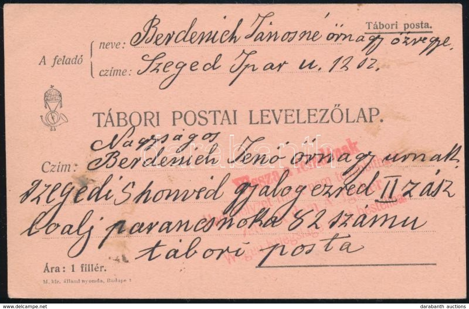 1914 Tábori Posta Levelezőlap A 82. Tábori Postához Przemysl-be, Hadi Helyzet Miatt Visszaküldve, Ritka!/ Field Postard  - Otros & Sin Clasificación