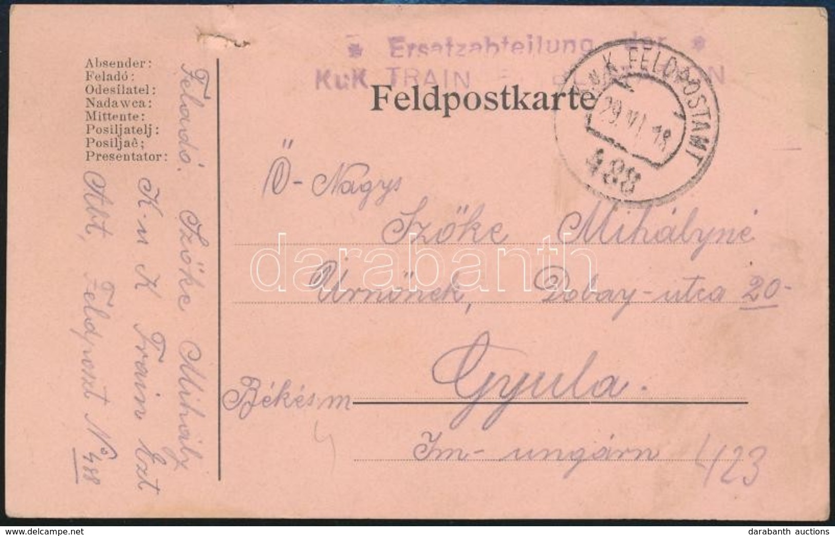 1918 Tábori Posta Levelezőlap 'Ersatzabteilung Der K.u.K. TRAINRETABL. STATION' + 'FP 488' - Otros & Sin Clasificación