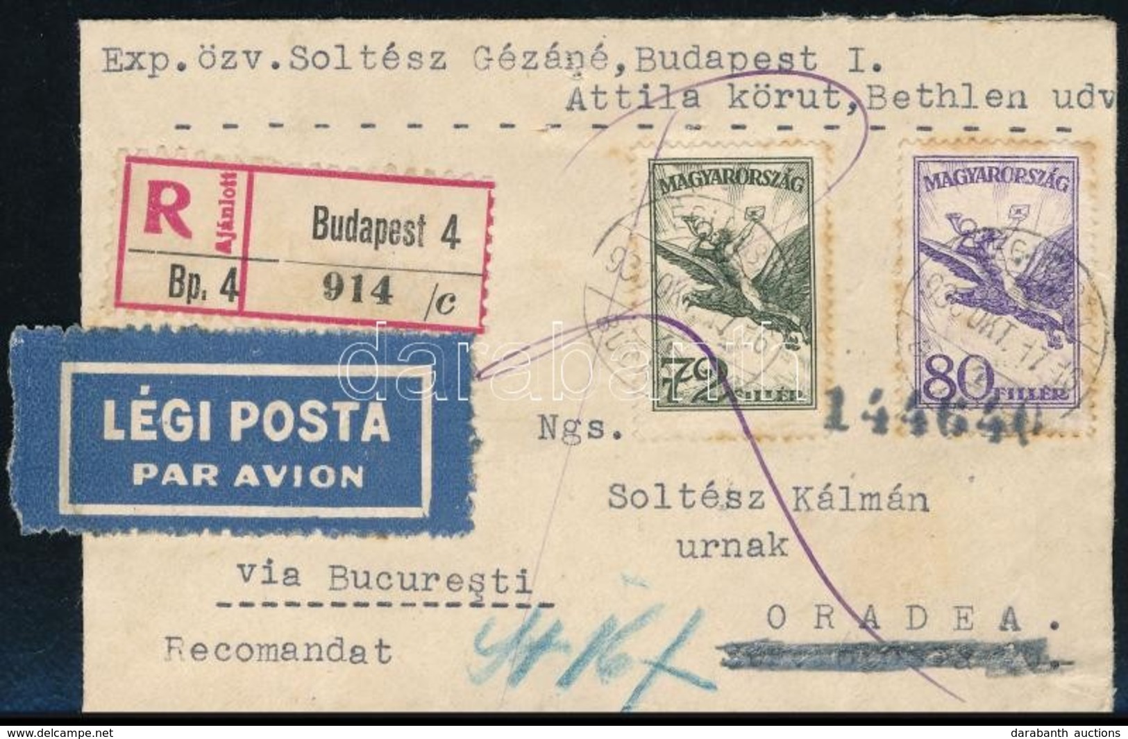 1930 Ajánlott Légi Levél Budapestről Bukaresten át Nagyváradra / Registered Airmail Cover From Budapest Via Bukarest To  - Otros & Sin Clasificación