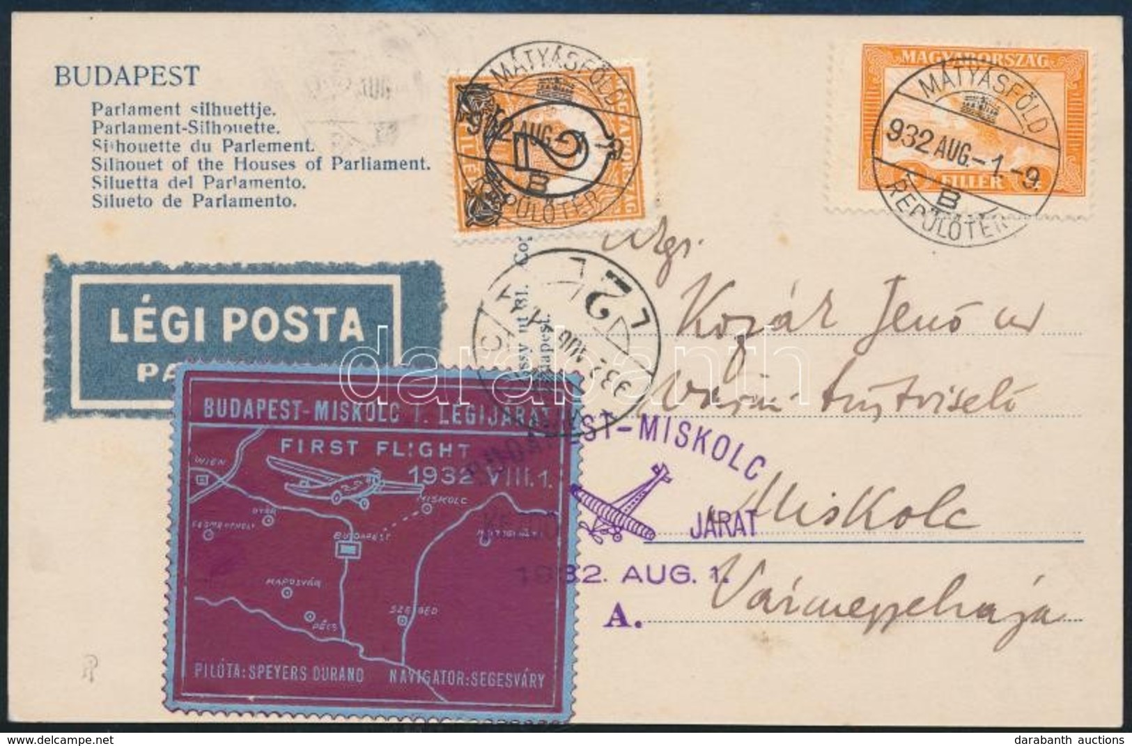 1932 Légi Képeslap Levélzáróval / Airmail Postcard With Label - Otros & Sin Clasificación