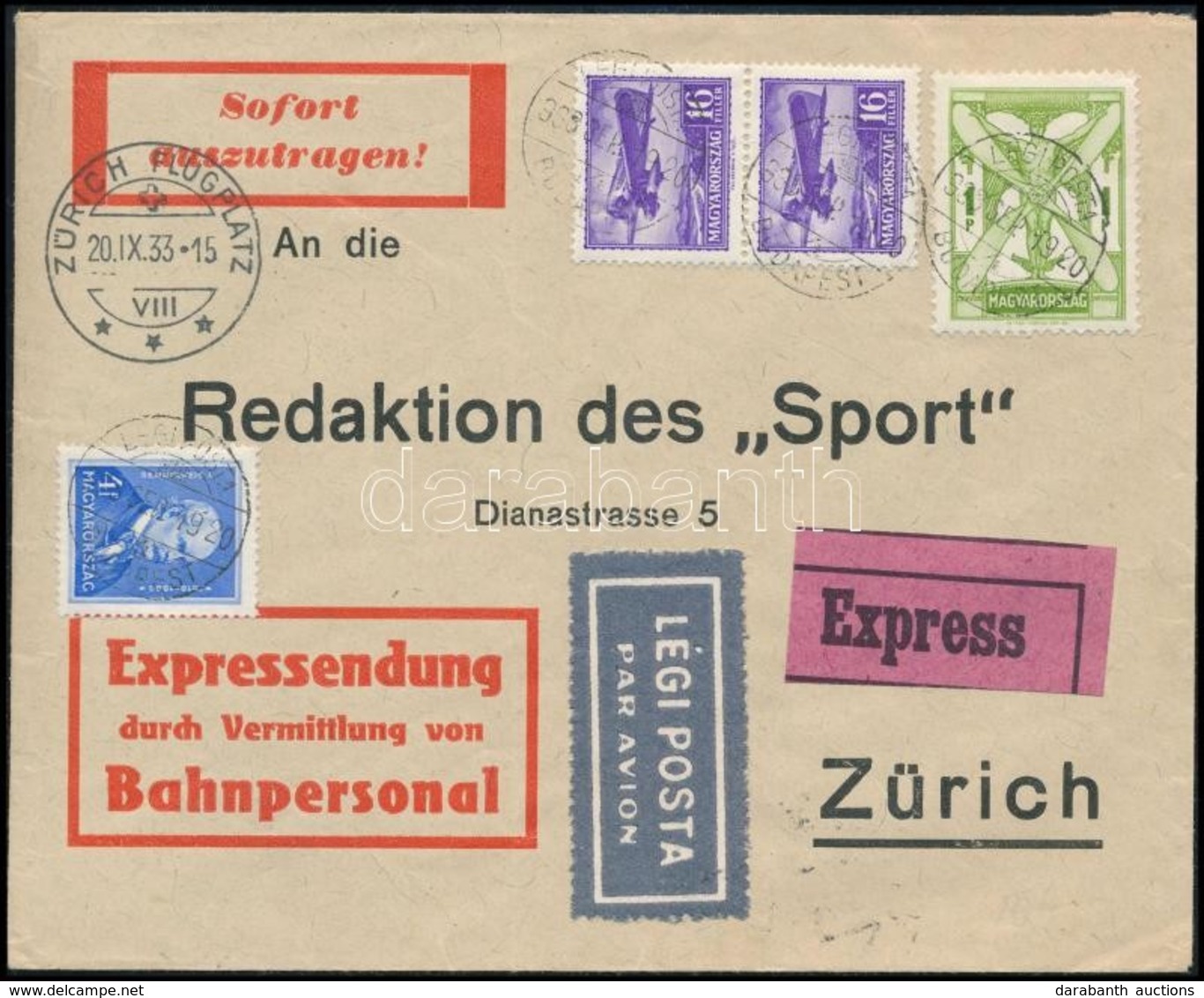 1933 Expressz Légi Levél Zürichbe / Express Airmail Cover To Zürich - Otros & Sin Clasificación