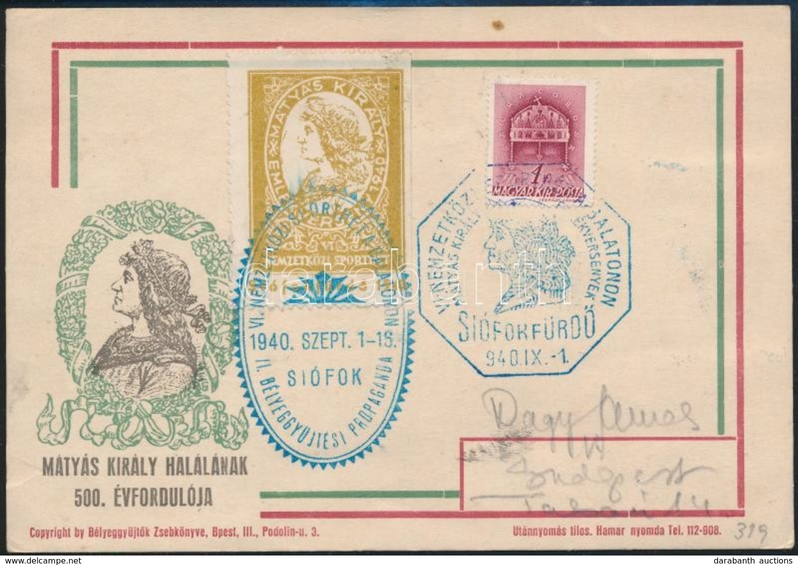 1940 Mátyás Levelezőlap 4 Db Levélzáróval / Postcard With 4 Labels - Otros & Sin Clasificación