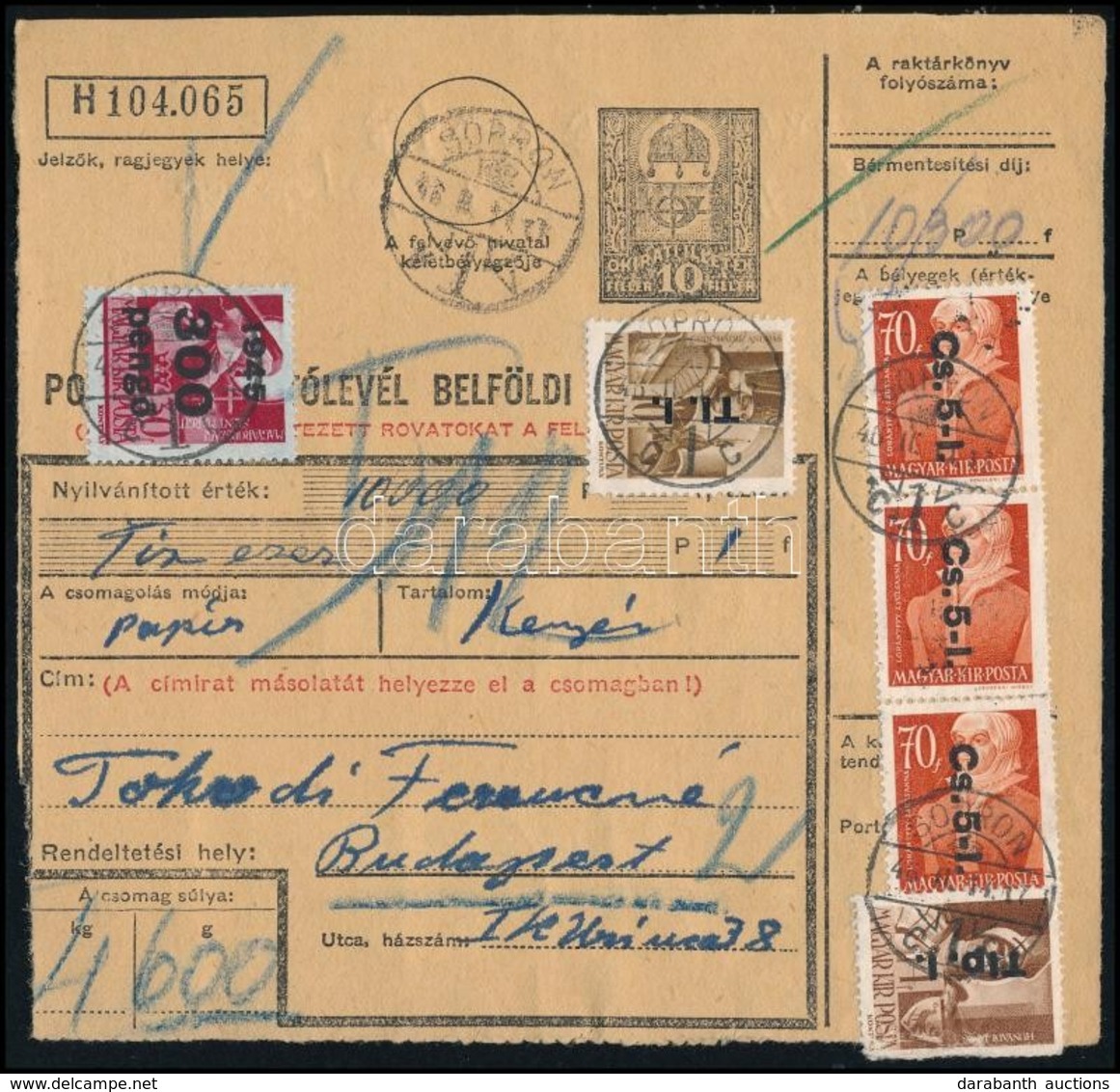 1946 Csomagszállító 6 Bélyeges Bérmentesítéssel, A Hátoldalon 5 Db Illetékbélyeg / Parcel Card With 6 Stamps Franking - Otros & Sin Clasificación