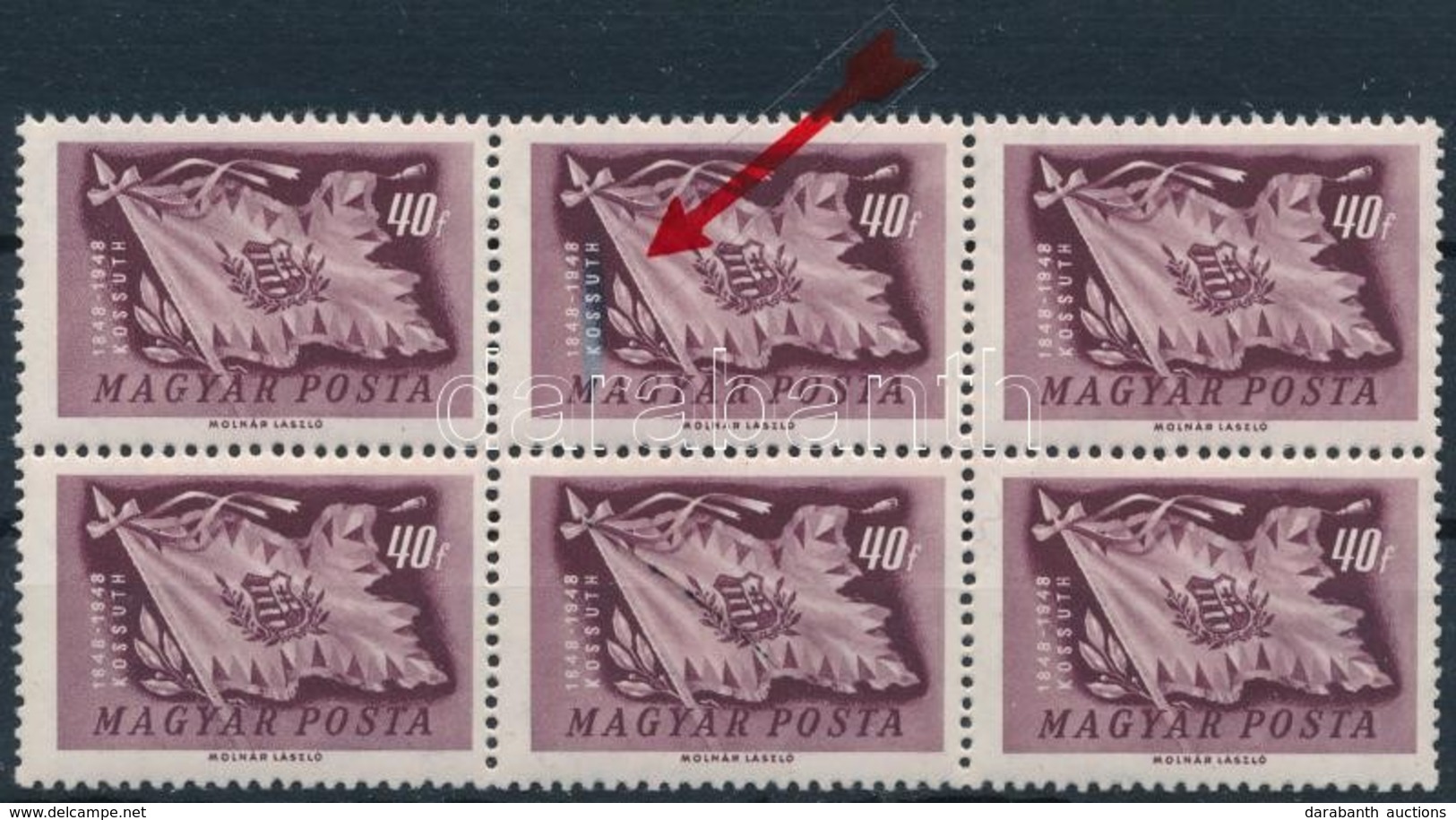 ** 1948 Centenárium 40f Hatostömb, Középen A Felső értéken Látványos Festékfolt / Mi 1005 Block Of 6, Paint Stripe On 1  - Otros & Sin Clasificación