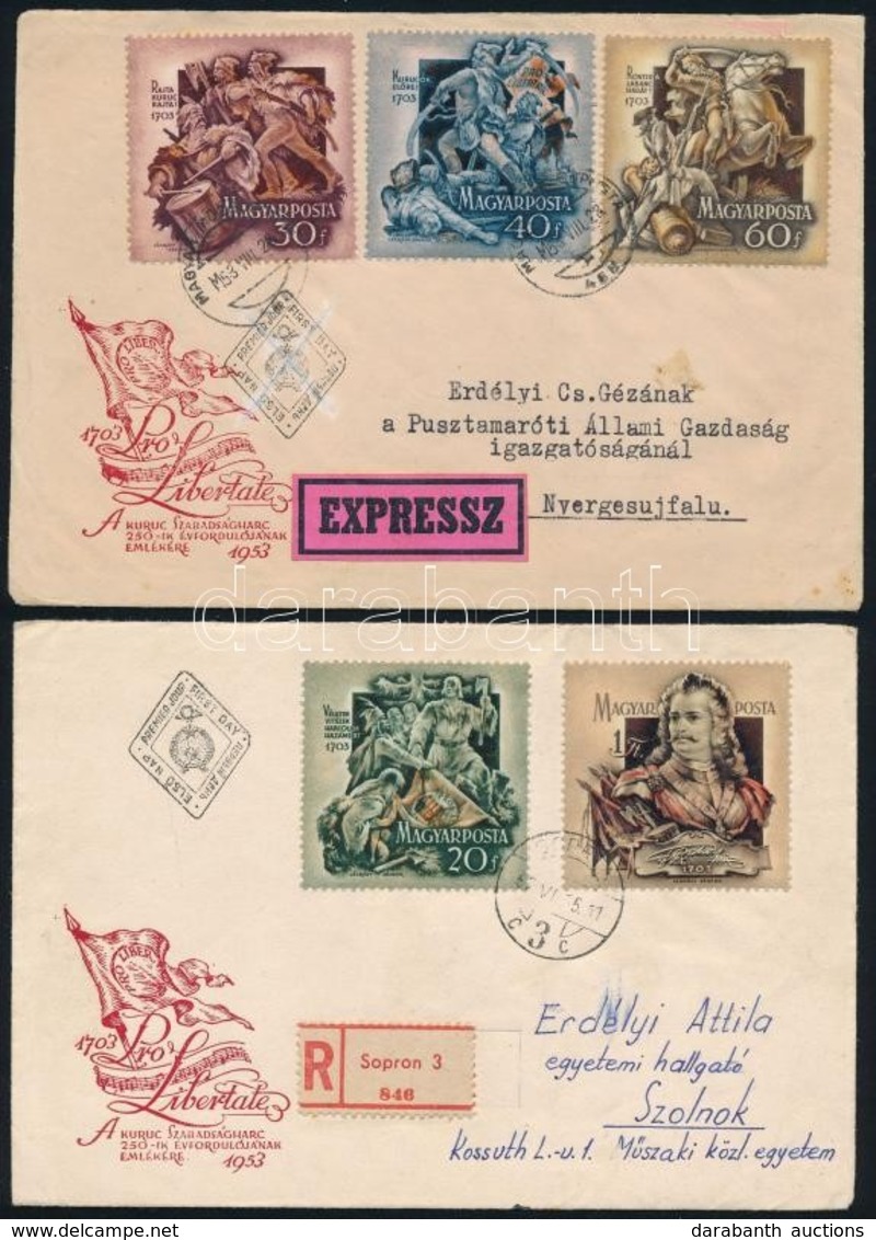 1953 Rákóczi Sor 2 értéke Ajánlott FDC-n + 3 értéke Eredetileg FDC-nek Készült, De Később Feladott Expressz Levélen - Otros & Sin Clasificación