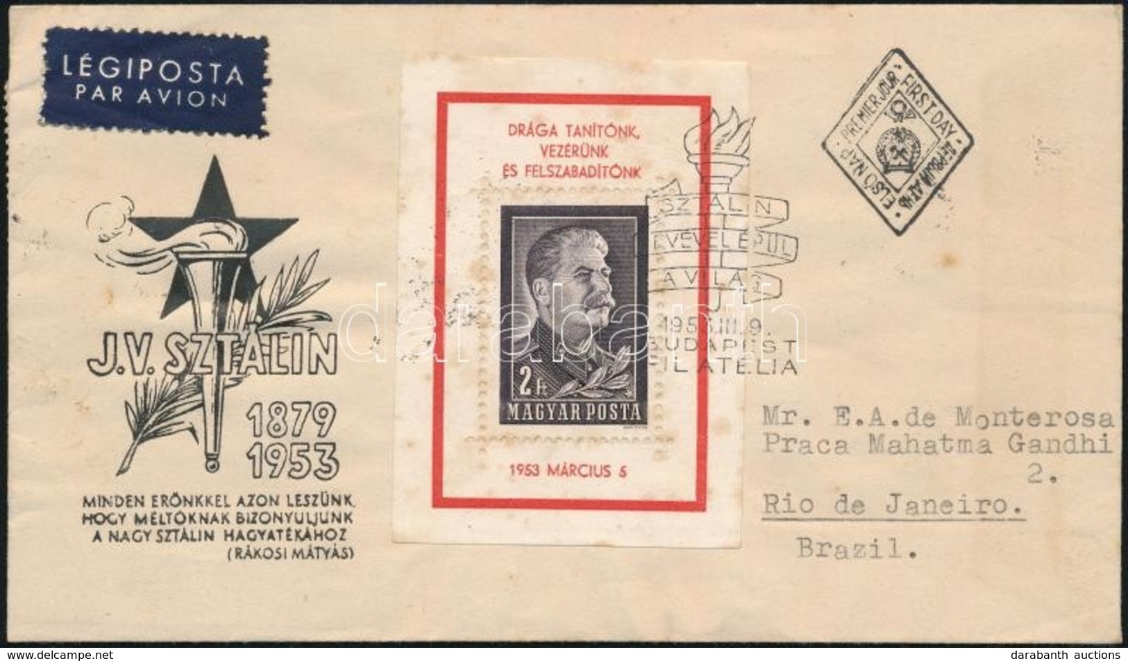 1953 Sztálin Gyászblokk Díjkiegészített Légi FDC Braziliába (foltos) - Otros & Sin Clasificación