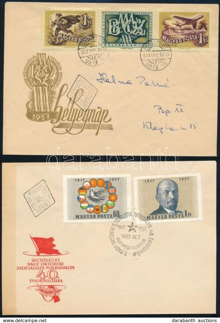 1957 Bélyegnap (30.) Sor Futott + Nagy Októberi Szocialista Forradalom (IV.) Sor 2 Db FDC-n - Otros & Sin Clasificación