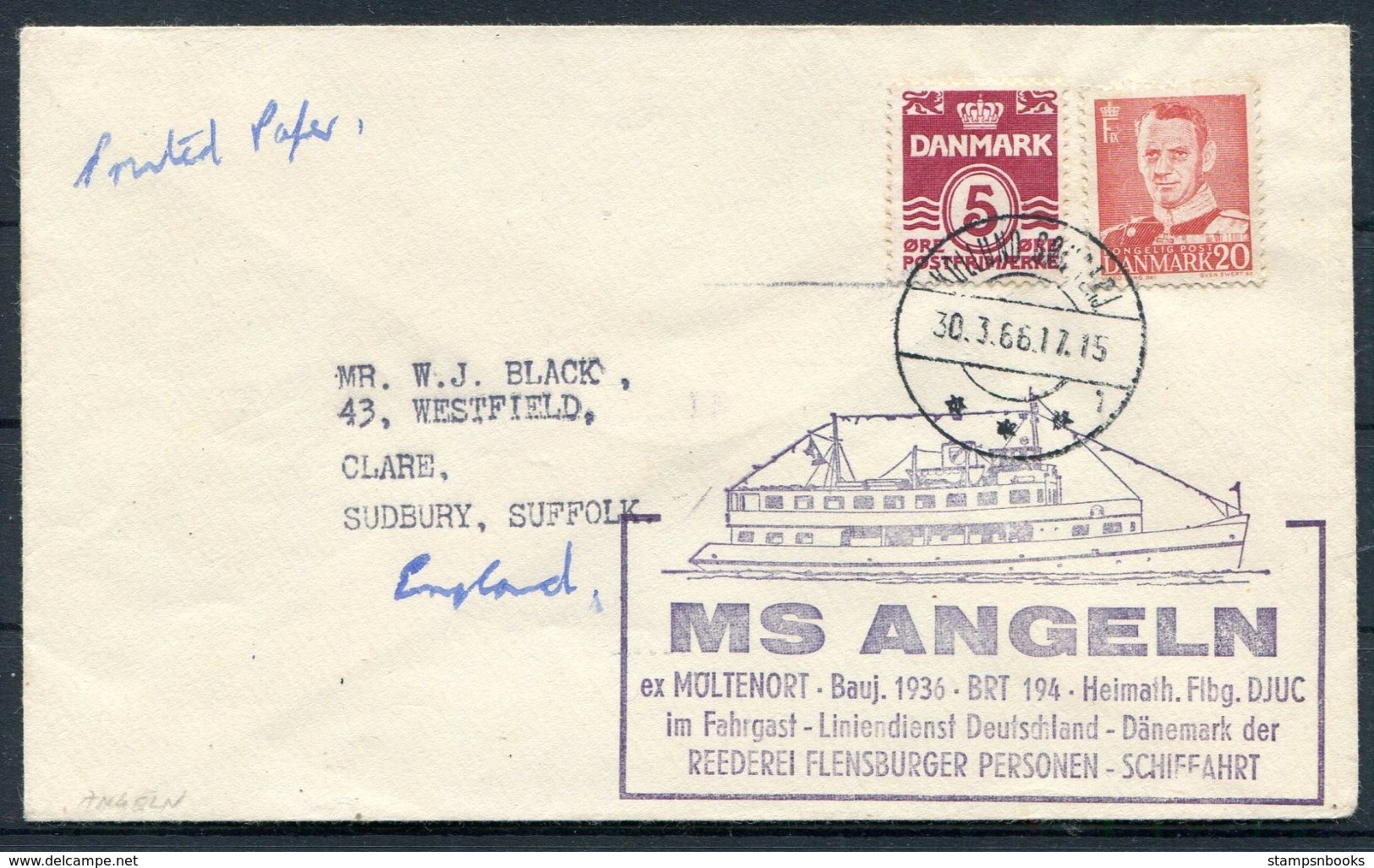 1966 Denmark MS ANGELN Ship Cover - Storia Postale