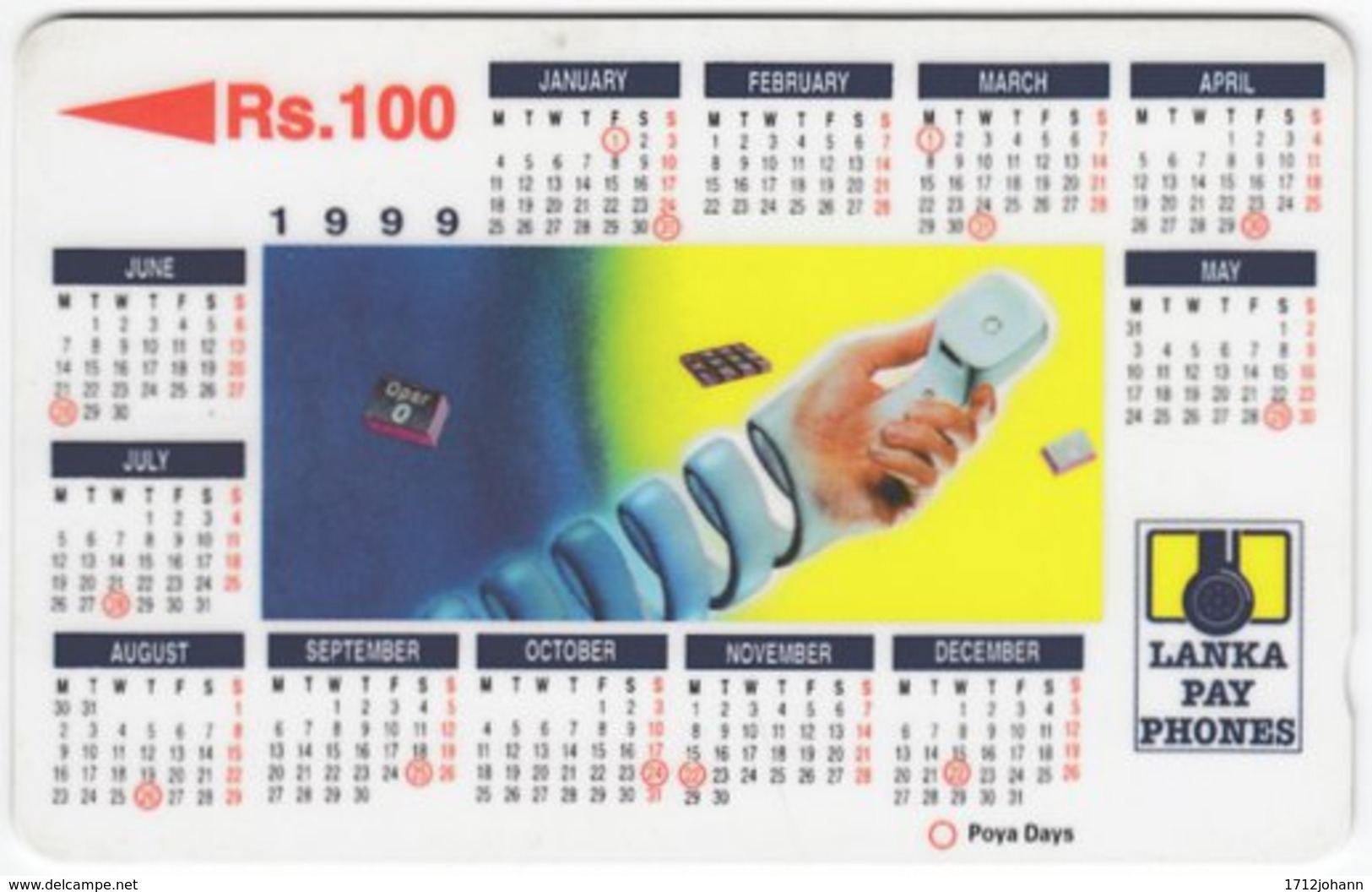 SRI LANKA A-084 Magnetic LankaPayPhones - Calendar 1999 - 38SRLC - Used - Sri Lanka (Ceylon)