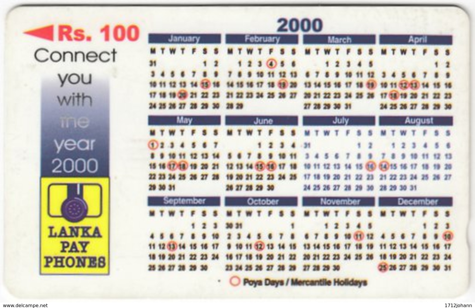 SRI LANKA A-091 Magnetic LankaPayPhones - Calendar 2000 - 44SRLB - Used - Sri Lanka (Ceylon)