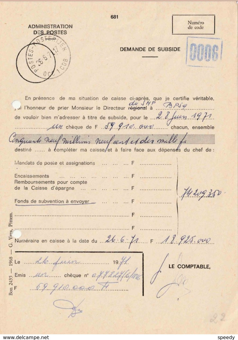 BPS : Dokument "'Admin. Des POSTES / DEMANDE DE SUBSIDES"  " POSTES-POSTERIJEN /26.6.71/ OCC 1 CDB" (RRR) - Army