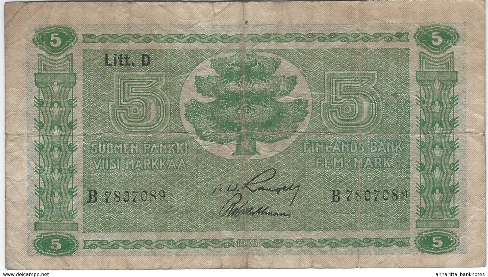 FINLAND 5 MARKKAA 1939 P-69a USED SIGN. RANGELL & ASPELUND [FI069a7] - Finlande