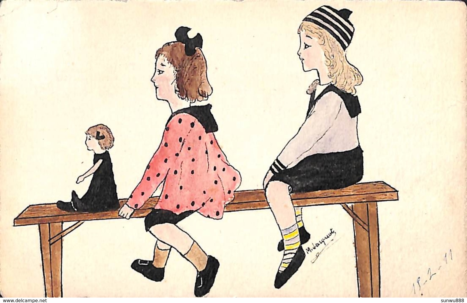 Carte Illustrée 2 Jeunes Filles Et Une Poupée (colorisée, M. Jacquot 1911) - Gruppi Di Bambini & Famiglie