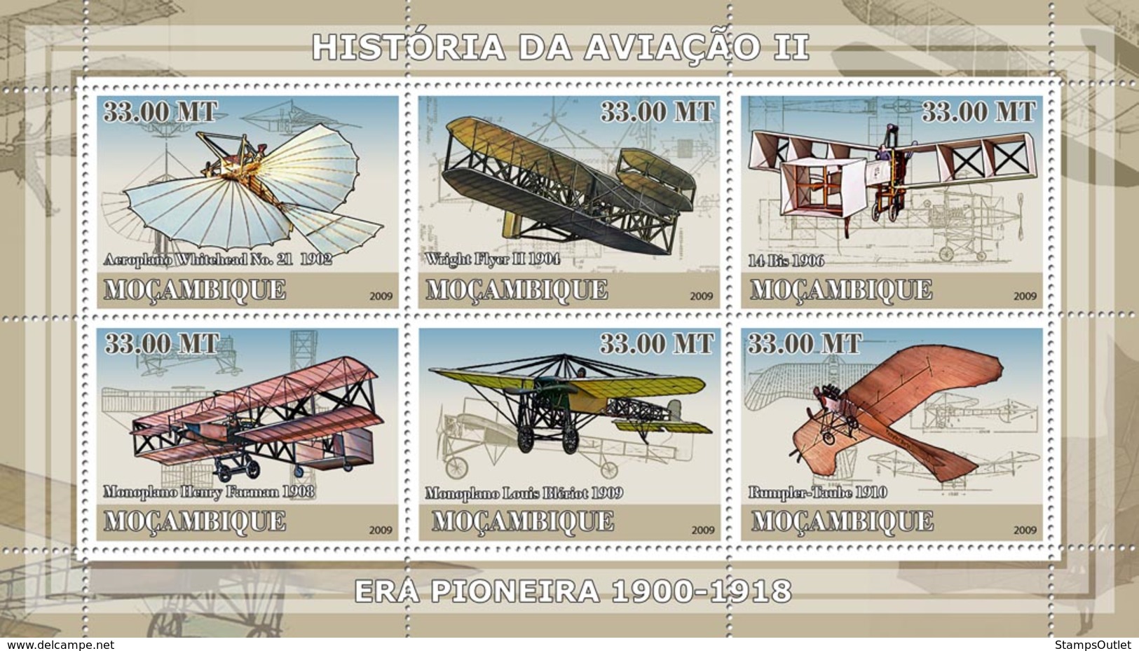 Mozambique 2009 MNH - History Of Aviation II/ Era Of 1900-1918. YT 2632-2637, Mi 3222-3227 - Mozambique
