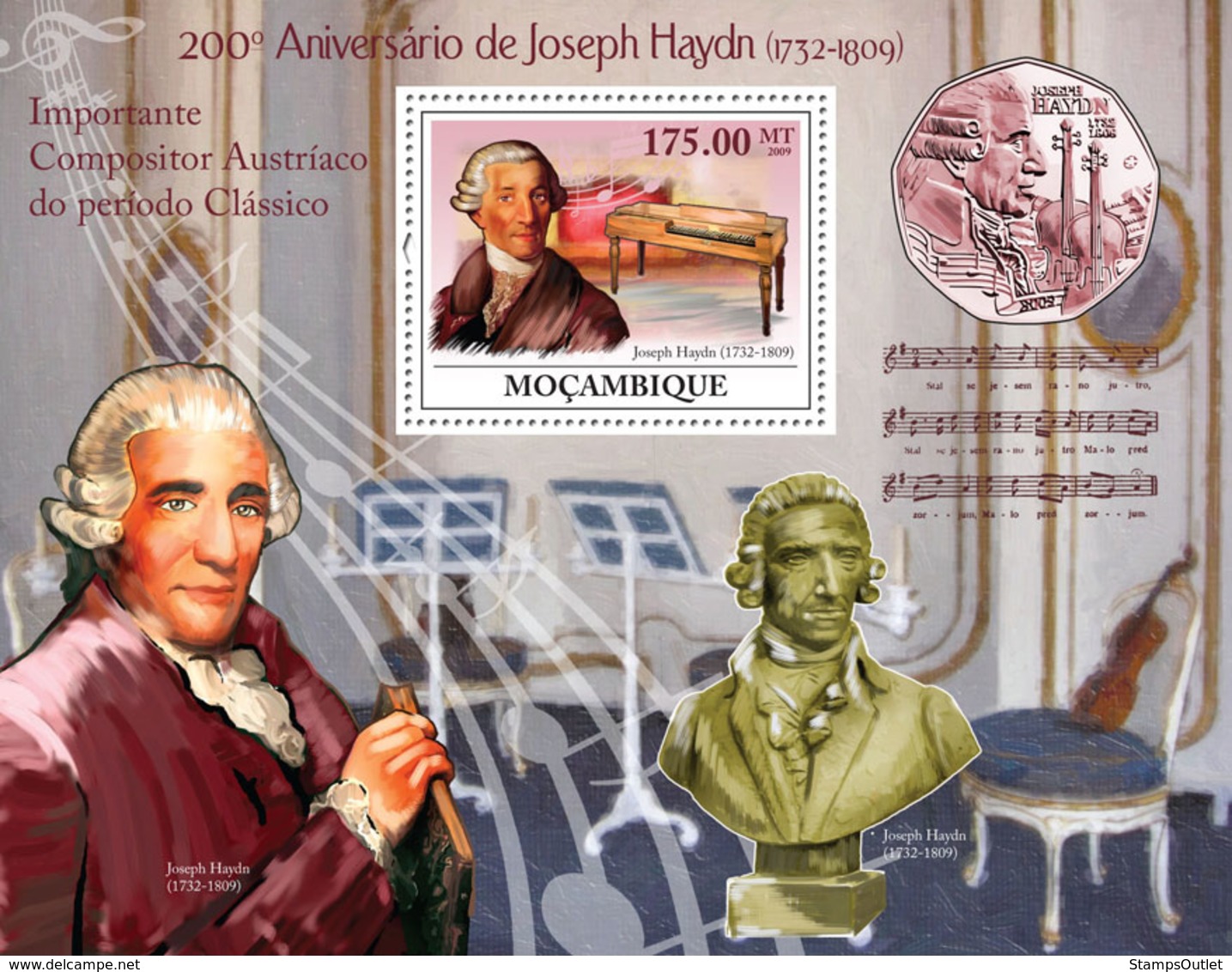 Mozambique 2009 MNH - 200th Anniversary Of Joseph Haydn (1732-1809). Sc 1921, YT 215, Mi 3398/BL278 - Mozambique