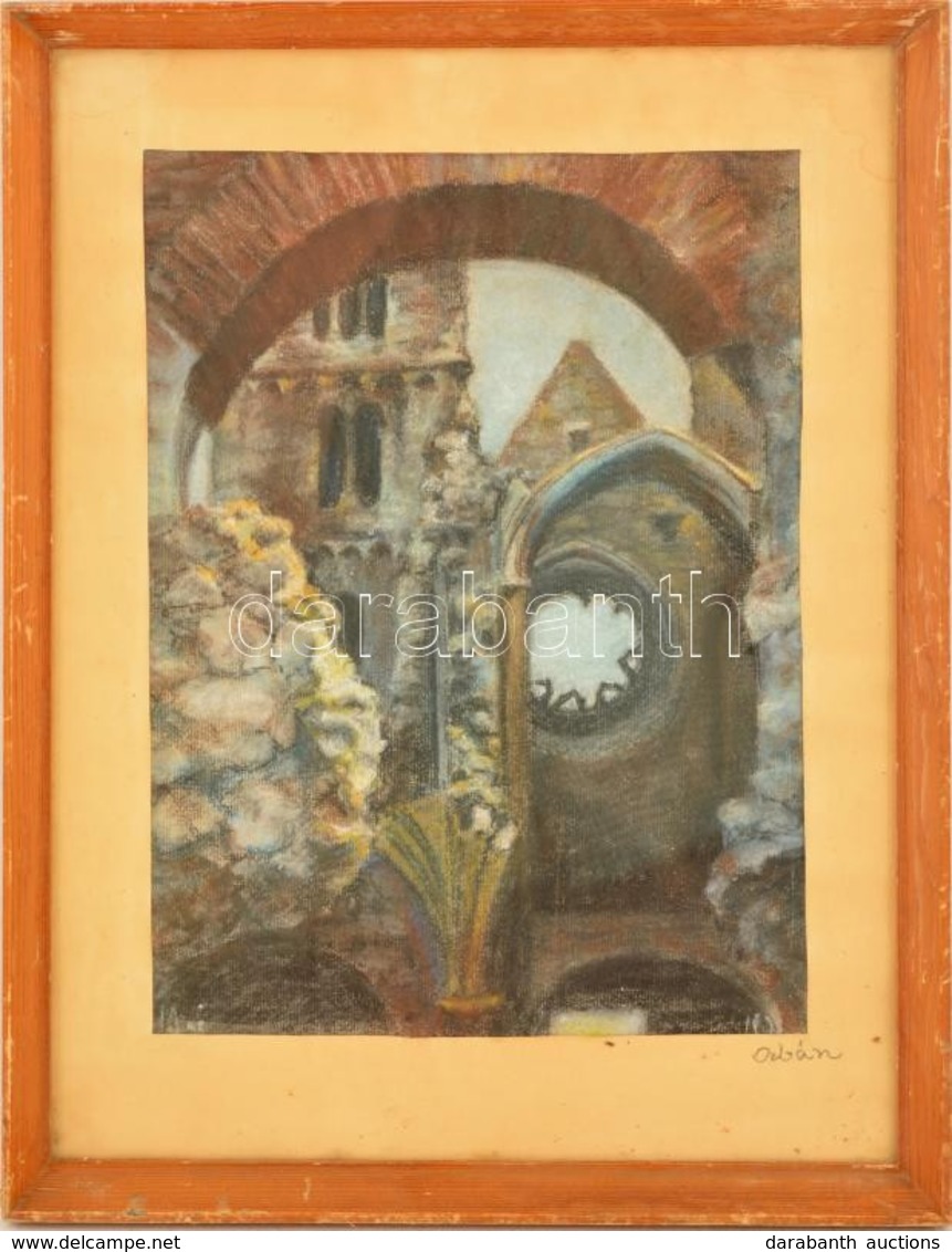 Orbán Jelzéssel: Elhagyott Templom. Pasztell, Papír, üvegezett Keretben, 31×22 Cm - Otros & Sin Clasificación