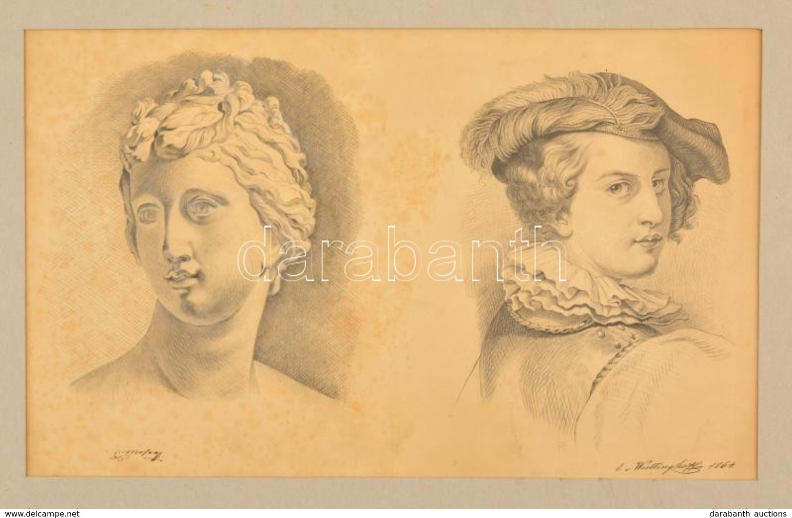 Wiettinghoff Evald (1826-1882): Fej Portrék 1864. Ceruza, Papír, Jelzett, Paszpartuban, 30×50 Cm - Otros & Sin Clasificación