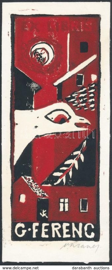 Krancz(?) Jelzéssel: Ex Libris Galambos Ferenc, Színes Linó, Papír, Jelzett, 14,5×6 Cm - Otros & Sin Clasificación