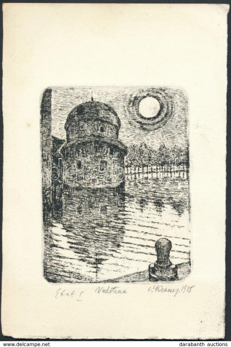 Valter Kraner (1907 - 1997) Ex Libris, Vadstena Akadémia. Rézkarc, Papír, Jelzett, 9.5x7 Cm - Otros & Sin Clasificación